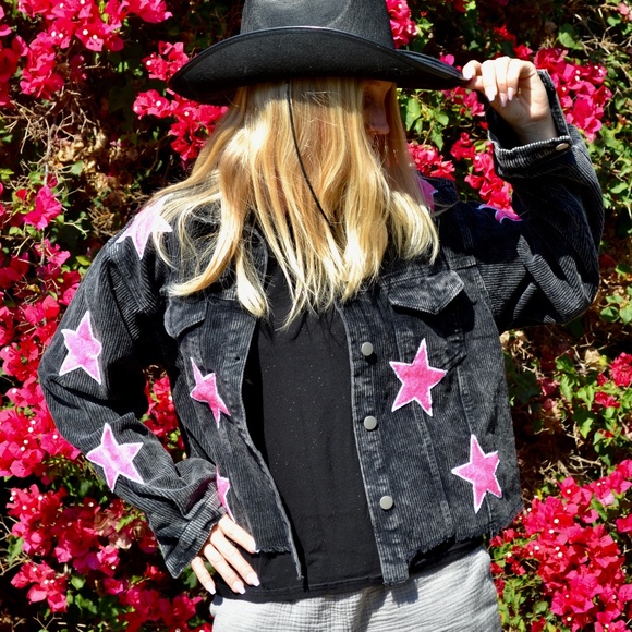 Black and Pink Star Corduroy Western Cowgirl Jacket, Country Jacket - Picture 6 of 10